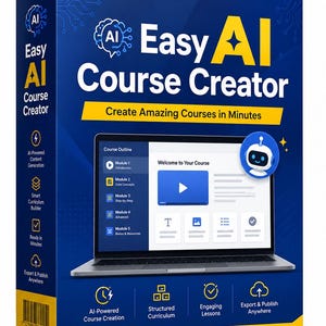 May include: A blue rectangular software box for Easy AI Course Creator featuring a laptop screen displaying a course outline with five modules. The box includes a small blue robot icon, yellow accents, and text detailing AI-powered features.