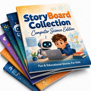 May include: A stack of five colorful books titled StoryBoard Collection Computer Science Edition. The top cover features a cartoon child and a white robot using a laptop, with digital circuit patterns and flowcharts in the background.