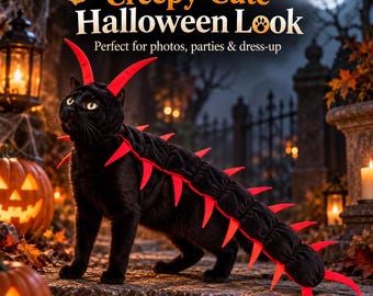 May include: A black cat costume featuring a segmented body piece with bright red spikes along the back and a matching headpiece with two red horns. The text Creepy-Cute Halloween Look Perfect for photos, parties & dress-up is visible above.