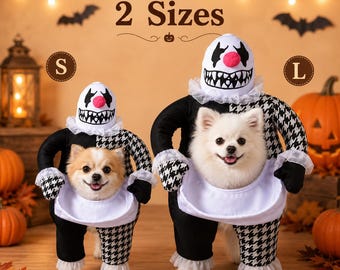 May include: Two pet costumes in small and large sizes, featuring a black and white houndstooth pattern, a white ruffled collar, and a clown headpiece with a pink nose and sharp teeth. The text "Available in 2 Sizes" is printed above the costumes.