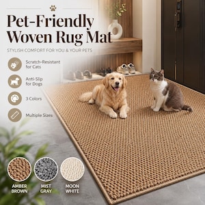 Peut inclure: Un tapis tissé rectangulaire de couleur brun ambre avec une surface texturée. Le tapis présente du texte incluant Pet-Friendly Woven Rug Mat, Scratch-Resistant for Cats, Anti-Slip for Dogs, 3 Colors, Multiple Sizes, Amber Brown, Mist Gray et Moon White.
