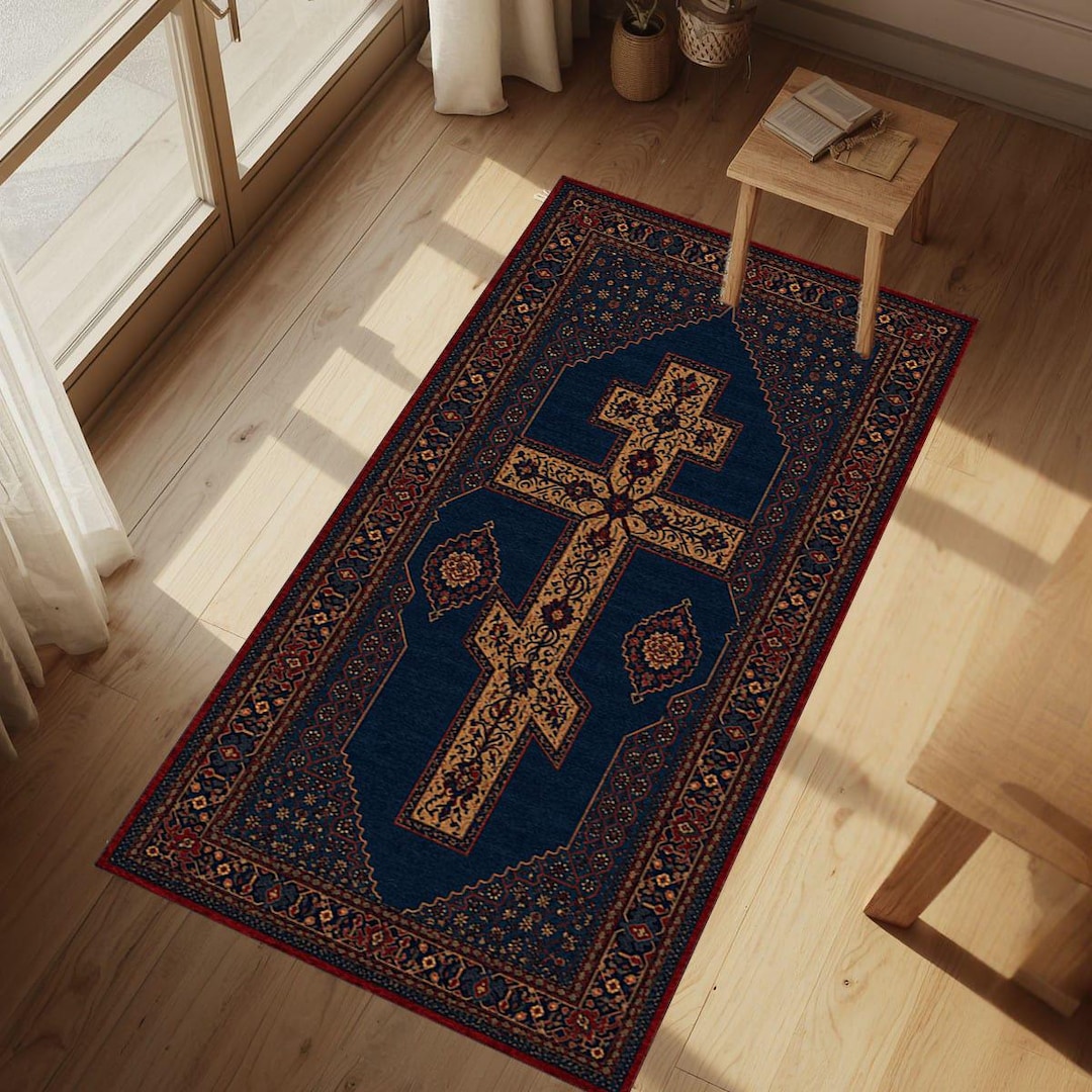 Orthodox Rug Orthodox Christian Navy Blue Prayer Rug, Vintage Christian Mat With ...