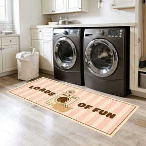 Laundry Room Runner Rug Loads of Fun Funny Vintage Laundry Mat, Pink Striped Farmhouse Floor Mat, Washable Utility Room Rug Decor Gift