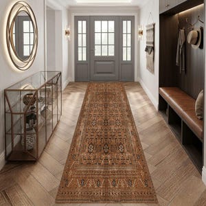 Dywanik terakotowy, dywan w stylu vintage do przedpokoju, dywanik kuchenny w stylu boho, długa mata w stylu tureckim, dywanik do przedpokoju z nadrukiem w kolorze rdzawopomarańczowym