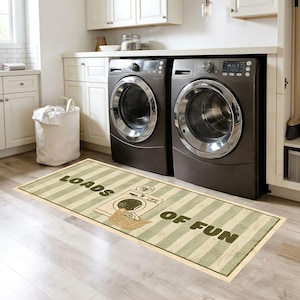 Laundry Room Runner Rug Loads of Fun Funny Vintage Laundry Mat, Green Striped Farmhouse Floor Mat, Washable Utility Room Rug Decor Gift