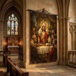 May include: A large rectangular wall tapestry depicting the Last Supper, featuring a central figure in white and red robes holding a communion wafer above a table with candles, chalices, and bread, suspended by a black metal rod on a stone wall.
