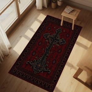 Puede incluir: Una alfombra rectangular roja con un gran diseño de cruz negra. La cruz es ornamentada con elementos decorativos y texto. La alfombra tiene un borde detallado y está colocada sobre un suelo de madera. Mide aproximadamente 150 cm x 200 cm.