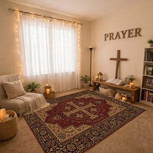 Puede incluir: Una habitación con una alfombra grande con patrón de cruz roja y beige, una cruz de madera sobre un banco y la palabra PRAYER en la pared. El espacio incluye un sillón beige, cortinas blancas con luces y una estantería.