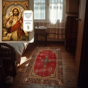 Alfombra de oración cristiana vintage con cruz roja, alfombra de culto cristiano con borde antiguo ornamentado, alfombra de altar, regalo cristiano para la decoración del hogar.