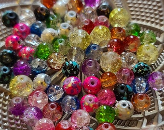 50 g Assorted Glass Crackle Beads 8mm, 10mm Many Colors, approx 60-70 beads