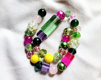 Garden Path Bead Strand - Green, Pink, Purple, and Yellow Glass Beads - 32 Beads, 23 Grams