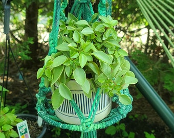 Hand Dyed Macrame Plant Hanger - Shades of Green - Beaded Accent