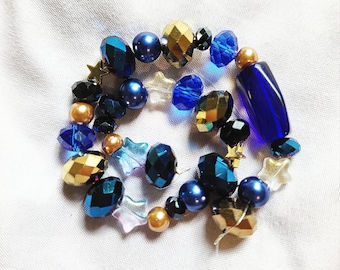 Starry Sky Bead Strand - Blue and Gold Glass Beads - 33 Beads, 25 Grams