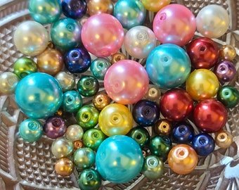 100 g Assorted Glass Pearl Beads 3 mm - 14 mm Many Colors, approx 70-80 beads