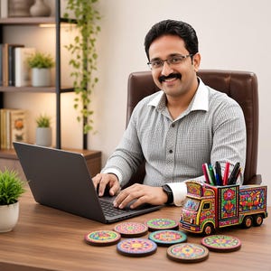 Pu&ograve; includere: Un organizer da scrivania a forma di camion colorato con intricati motivi floreali in rosso, giallo, blu e verde, accompagnato da sei sottobicchieri rotondi in legno con vivaci disegni a mandala abbinati e un computer portatile grigio scuro.