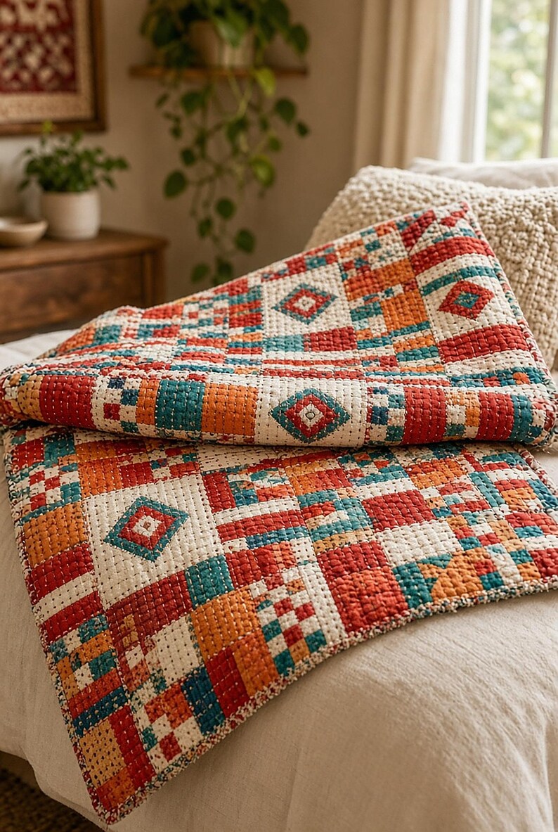 Handmade Sindhi Ralli Patchwork Quilt | Boho Bedspread + Wall Tapestry | Cottagecore Vintage Throw Blanket | Pakistani Folk Art Artisan image 7