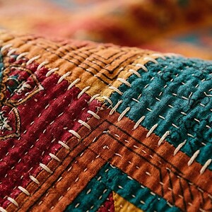 Handmade Sindhi Ralli Patchwork Quilt | Boho Bedspread + Wall Tapestry | Cottagecore Vintage Throw Blanket | Pakistani Folk Art Artisan image 6