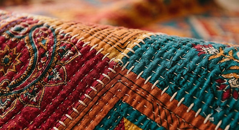 Handmade Sindhi Ralli Patchwork Quilt | Boho Bedspread + Wall Tapestry | Cottagecore Vintage Throw Blanket | Pakistani Folk Art Artisan image 6