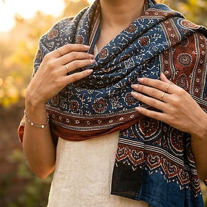 Sindhi Ajrak Block Print Scarves Bundle | 2 Heritage Wraps, Mirror Pouch, Cotton