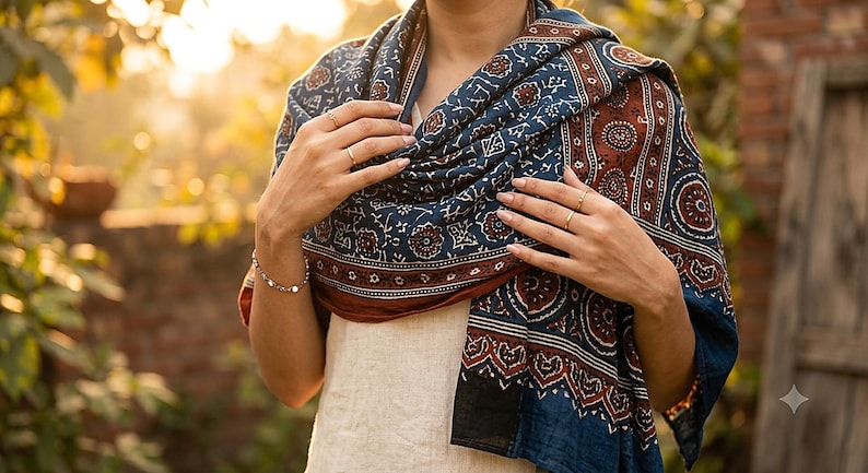 Conjunto de lenços com estampa Sindhi Ajrak | 2 xales tradicionais, estojo para espelho, algodão imagem 1