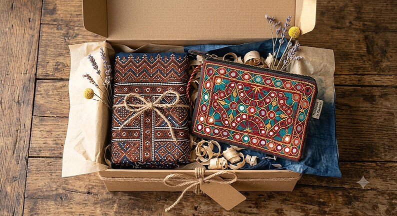 Conjunto de lenços com estampa Sindhi Ajrak | 2 xales tradicionais, estojo para espelho, algodão imagem 8
