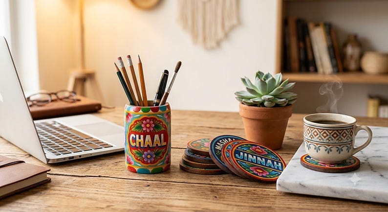 Pu&ograve; includere: Un portapenne cilindrico in legno dipinto con motivi floreali colorati e la parola CHAAL, contenente diverse matite e penne. Vicino si trovano sottobicchieri circolari in legno con disegni floreali e i nomi JINNAH e MASHA, oltre a una tazza.