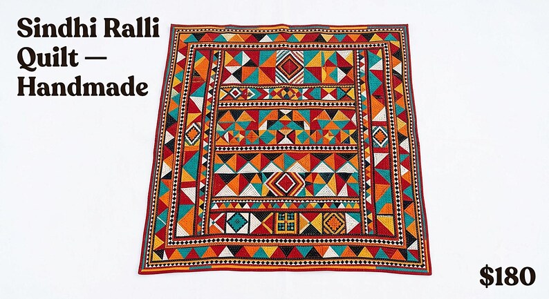 Handmade Sindhi Ralli Patchwork Quilt | Boho Bedspread + Wall Tapestry | Cottagecore Vintage Throw Blanket | Pakistani Folk Art Artisan image 2