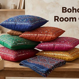 Pakistani Mirror Work Cushion Covers Set | Boho Ajrak Runner, Hand-Embroidered Throw Pillows