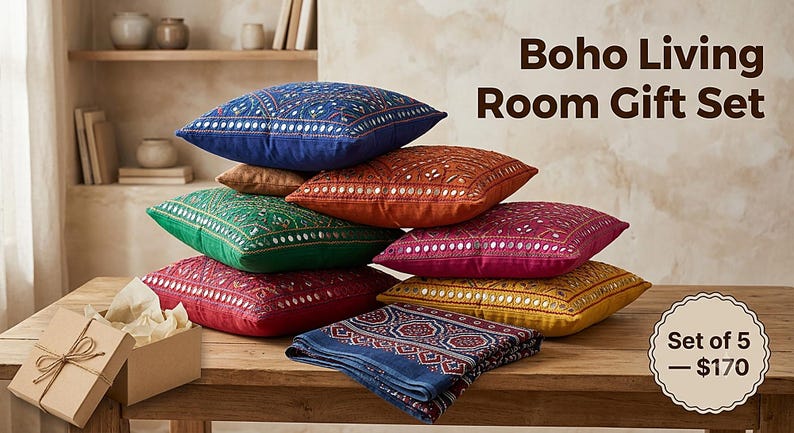 Juego de fundas de cojín con bordado de espejo pakistaní / Camino de mesa Ajrak estilo boho, cojines decorativos bordados a mano imagen 1