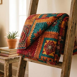 Handmade Sindhi Ralli Patchwork Quilt | Boho Bedspread + Wall Tapestry | Cottagecore Vintage Throw Blanket | Pakistani Folk Art Artisan image 11