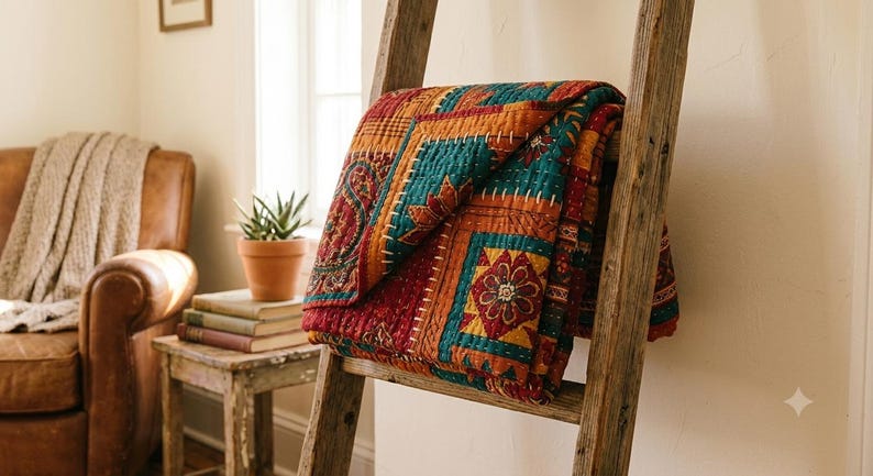 Handmade Sindhi Ralli Patchwork Quilt | Boho Bedspread + Wall Tapestry | Cottagecore Vintage Throw Blanket | Pakistani Folk Art Artisan image 11