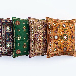 Juego de fundas de cojín con bordado de espejo pakistaní / Camino de mesa Ajrak estilo boho, cojines decorativos bordados a mano imagen 4