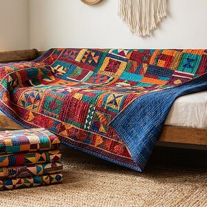 Handmade Sindhi Ralli Patchwork Quilt | Boho Bedspread + Wall Tapestry | Cottagecore Vintage Throw Blanket | Pakistani Folk Art Artisan image 4