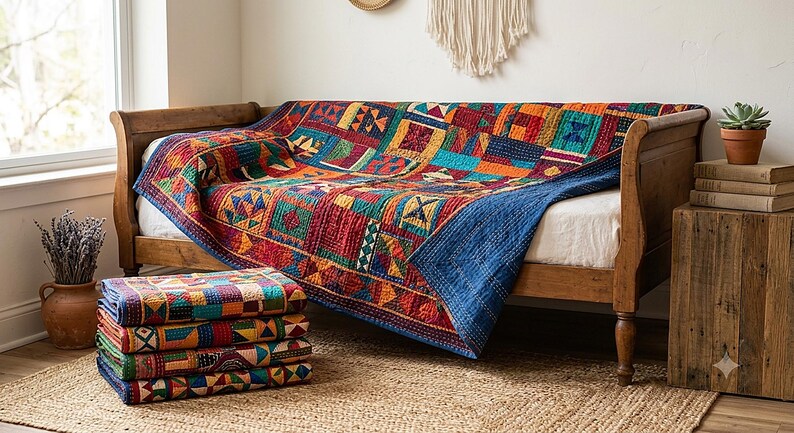 Handmade Sindhi Ralli Patchwork Quilt | Boho Bedspread + Wall Tapestry | Cottagecore Vintage Throw Blanket | Pakistani Folk Art Artisan image 4