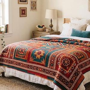 Handmade Sindhi Ralli Patchwork Quilt | Boho Bedspread + Wall Tapestry | Cottagecore Vintage Throw Blanket | Pakistani Folk Art Artisan image 1