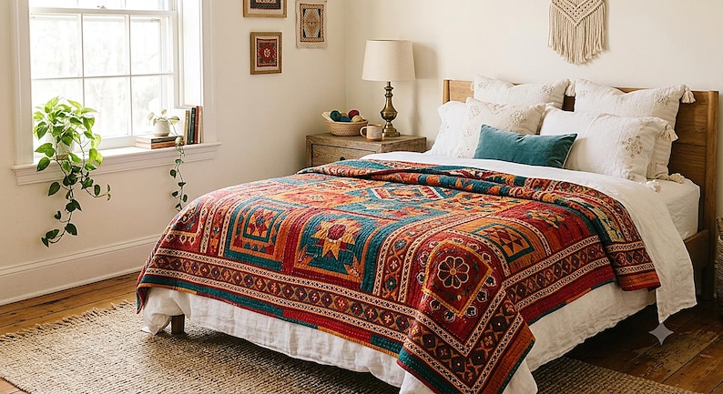 Handmade Sindhi Ralli Patchwork Quilt | Boho Bedspread + Wall Tapestry | Cottagecore Vintage Throw Blanket | Pakistani Folk Art Artisan image 1