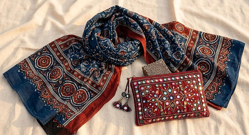 Conjunto de lenços com estampa Sindhi Ajrak | 2 xales tradicionais, estojo para espelho, algodão imagem 4
