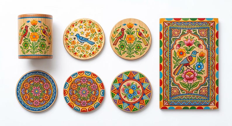 Pu&ograve; includere: Un set di oggetti in legno composto da un portautensili cilindrico, cinque sottobicchieri circolari e un vassoio rettangolare. Ogni pezzo presenta motivi floreali e di uccelli dipinti a mano in rosso, giallo, blu e verde su legno.