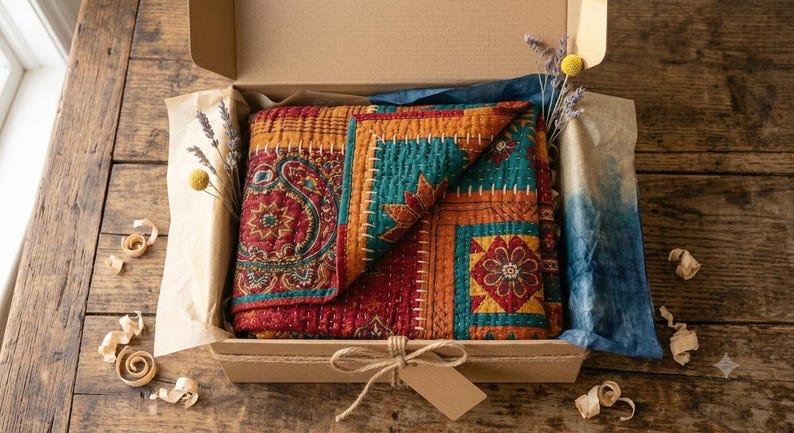 Handmade Sindhi Ralli Patchwork Quilt | Boho Bedspread + Wall Tapestry | Cottagecore Vintage Throw Blanket | Pakistani Folk Art Artisan image 12