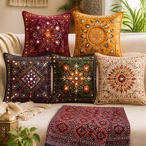 Juego de fundas de cojín con bordado de espejo pakistaní / Camino de mesa Ajrak estilo boho, cojines decorativos bordados a mano imagen 5