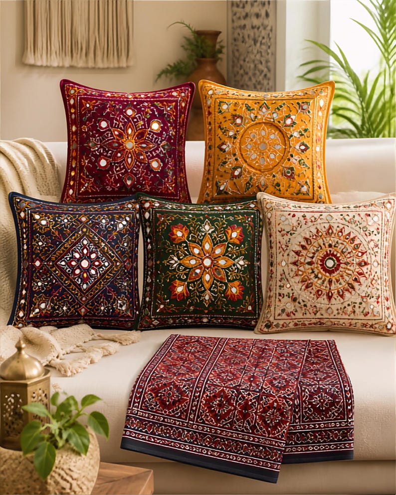 Juego de fundas de cojín con bordado de espejo pakistaní / Camino de mesa Ajrak estilo boho, cojines decorativos bordados a mano imagen 5