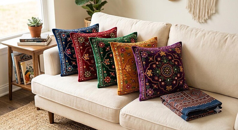 Juego de fundas de cojín con bordado de espejo pakistaní / Camino de mesa Ajrak estilo boho, cojines decorativos bordados a mano imagen 2