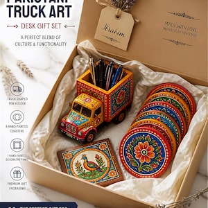 Pakistani Truck Art Desk Set | Hand-Painted Pen Holder, Coasters, Panel | Boho Decor