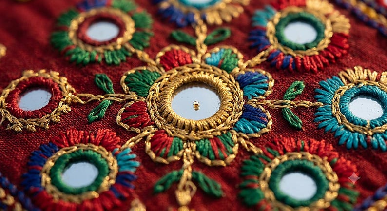 Juego de fundas de cojín con bordado de espejo pakistaní / Camino de mesa Ajrak estilo boho, cojines decorativos bordados a mano imagen 6