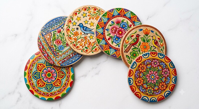 Pu&ograve; includere: Un set di sei sottobicchieri circolari in legno con vivaci disegni dipinti a mano. Ogni sottobicchiere presenta motivi colorati unici, tra cui disegni floreali, uccelli stilizzati, stelle e bordi geometrici nei toni del rosso, blu, giallo e verde.