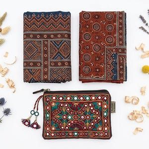 Conjunto de lenços com estampa Sindhi Ajrak | 2 xales tradicionais, estojo para espelho, algodão imagem 2