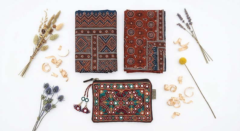 Conjunto de lenços com estampa Sindhi Ajrak | 2 xales tradicionais, estojo para espelho, algodão imagem 2