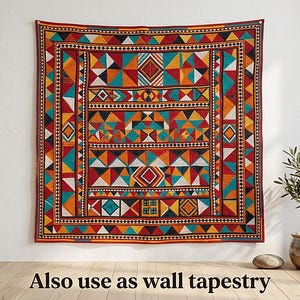 Handmade Sindhi Ralli Patchwork Quilt | Boho Bedspread + Wall Tapestry | Cottagecore Vintage Throw Blanket | Pakistani Folk Art Artisan image 5