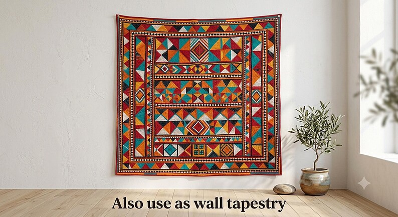 Handmade Sindhi Ralli Patchwork Quilt | Boho Bedspread + Wall Tapestry | Cottagecore Vintage Throw Blanket | Pakistani Folk Art Artisan image 5