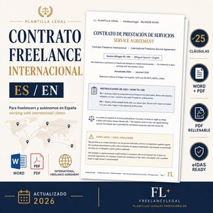 Puede incluir: Una plantilla de contrato de prestación de servicios freelance internacional bilingüe en español e inglés. La página muestra texto legal, un mapa mundial e iconos para formatos Word y PDF. Incluye actualización 2026 y 25 cláusulas.